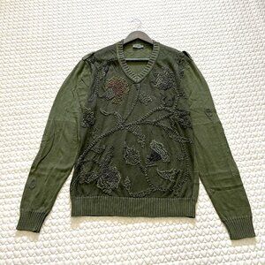 NWOT Kenzo men's Embroidered linen blend sweater Size XL Green